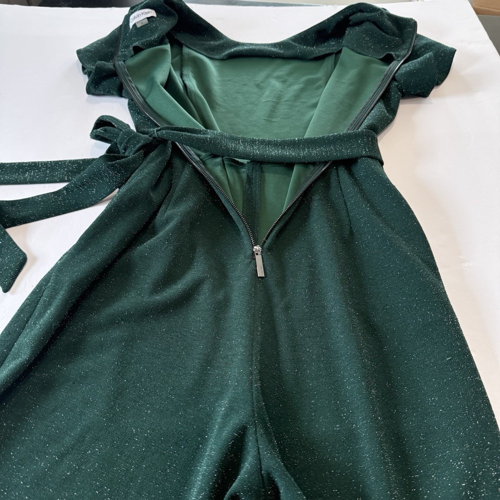 Calvin Klein Green Glitter Tulip Sleeve Belt Stretch Crop Jumpsuit Pockets 10 - Picture 7 of 11